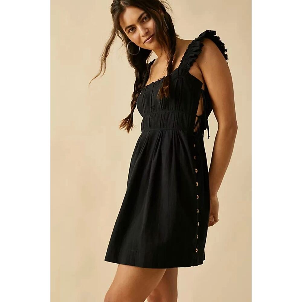 Free People Claudette Mini Black Free-est Button Sleeveless Ruffle Dress Sz M